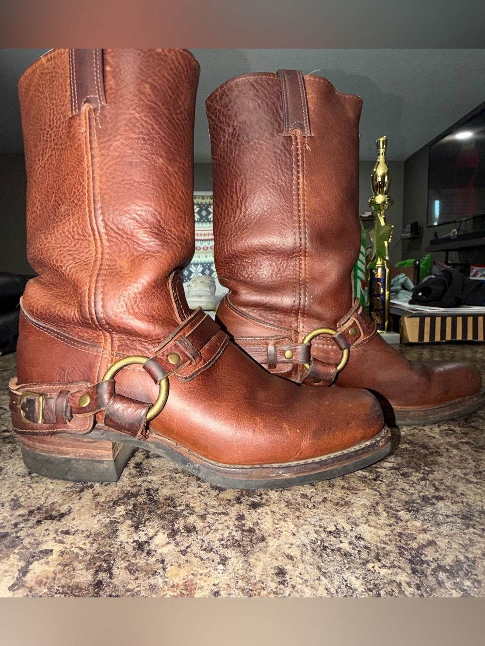 VTG Frye Harness 12R Boots Cognac Leather Made in USA 8M 77250